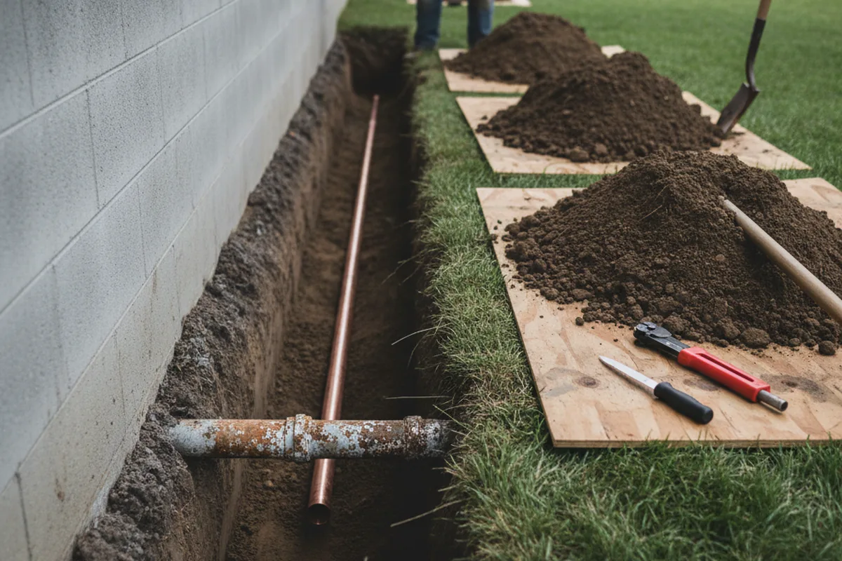 Excavated water line trench during Water Heater Repair in Pleasanton